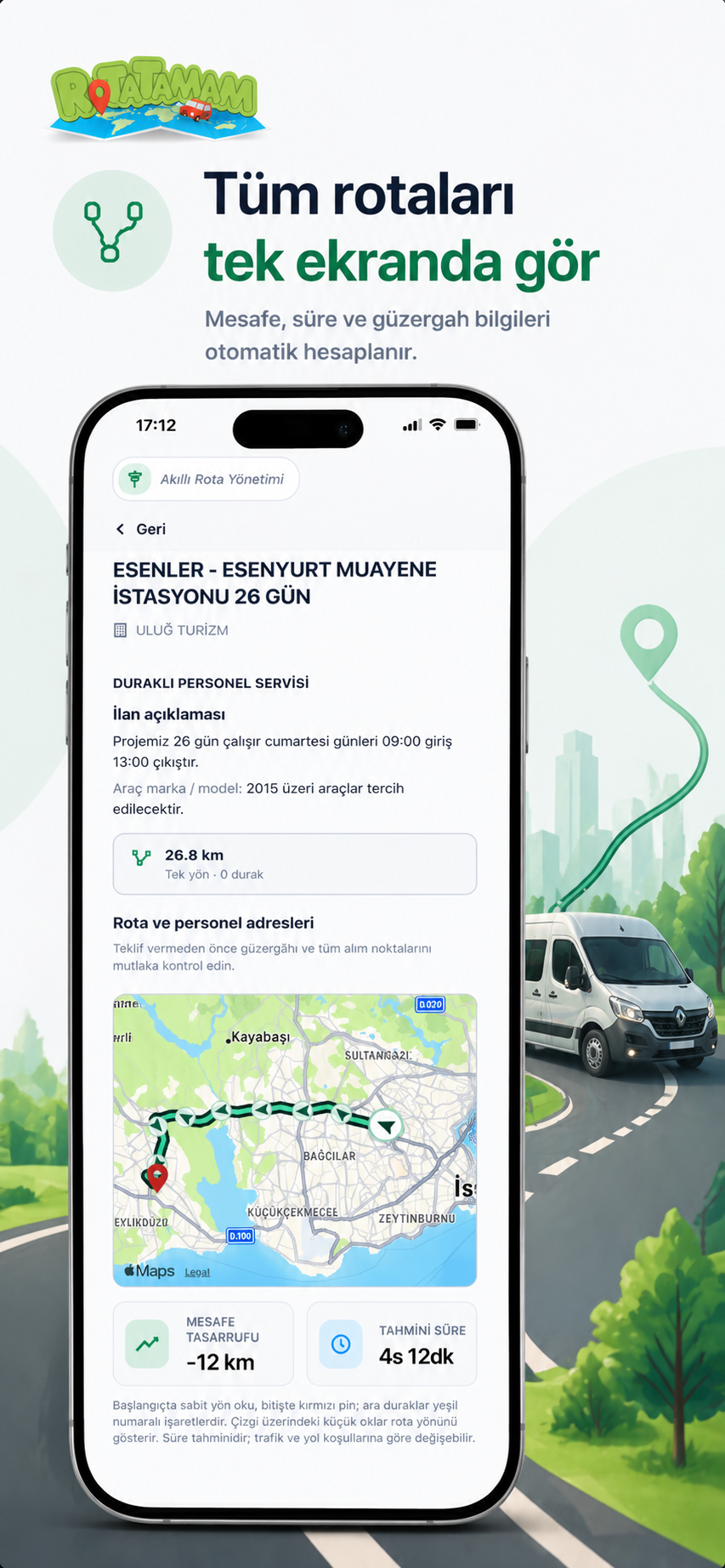 RotaTamam uygulamasında rota ve güzergâh ekranı